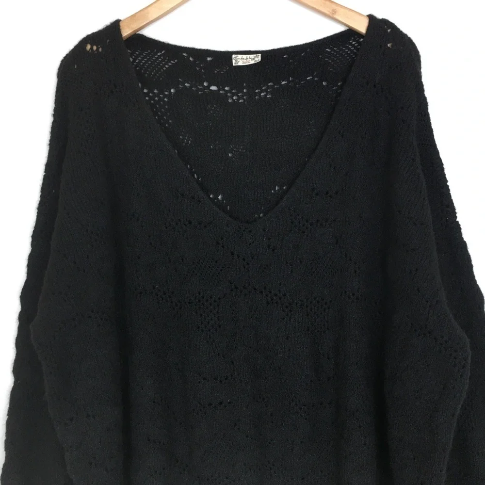 Free People Intimately Free Slouchy Oversized Sweater V-neck Black Wool Blend